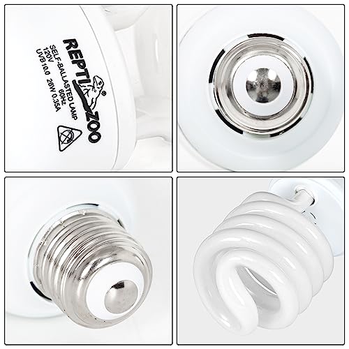 REPTI ZOO Reptile Heat Lamp Bulb and UVB 10.0 Reptile Light Combo Pack, 100W Intense Basking Spot Light UVA Heat Lamp Bulb, 26W Energy Saving UVA UVB Bulb Spiral Compact Bulb - size: CBL06