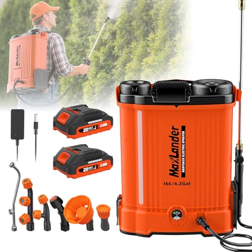 Maxlander 4.2 Gal Battery Powered Backpack Sprayer with 2 x 2.0Ah Battery | 90 Psi Adjustable Pressure, 6 Spray Nozzles, Reach Over 17 Feet, 2 Hours Runtimes, Waist Support