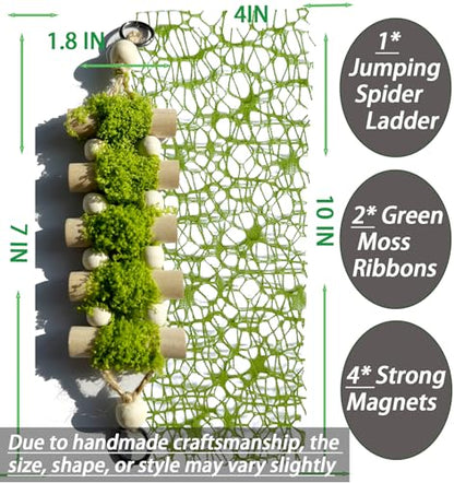 Jumping Spider Rope Bridge,Handmade Solid Wood Suspension Bridge with 2 Green Spider Webs, Decorative Accessory for Small Reptile Enclosures, Ideal for Jumping Spider Habitats