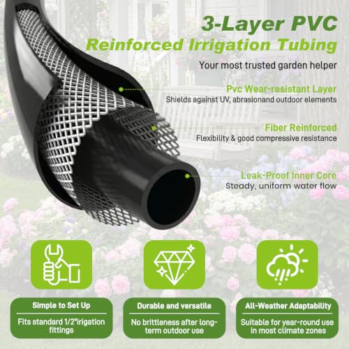 1/2 Inch Drip Irrigation Tubing, 50FT Main Line Hose Tube, Flexible PVC Irrigation Hose for Raised Beds, Greenhouse, Vegetable Gardens and Yard Watering System（Black) - size: 50 FT 1/2" Main Tubing
