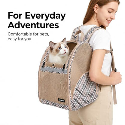 Cat Backpack Carrier for Small Dogs and Medium cat Puppy Kitten Bunny Pet Carrier Backpack Collapsible with Fully Ventilated Mesh with Safety Leash (Khaki, 12.9" L x 10.62" W x 15.5" H - M) - color: Khaki, size: Medium