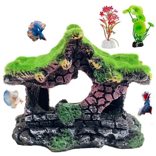 Hamiledyi Resin Hollow Hideout House for Aquarium Decoration Fish Tank Accessories Betta Cave with Lifelike Moss for Shrimp Fish Shelter - style: Pavilion