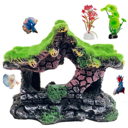 Hamiledyi Resin Hollow Hideout House for Aquarium Decoration Fish Tank Accessories Betta Cave with Lifelike Moss for Shrimp Fish Shelter - style: Pavilion