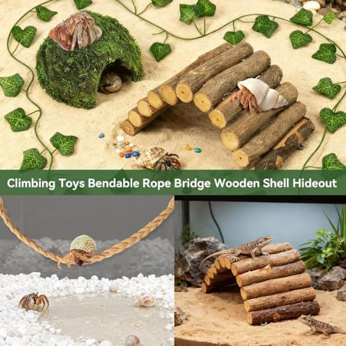 Hermit Crab Accessories, Hermit Crab Climbing Toys, Bendable Rope Bridge Wooden Shell Hideout Hut Plants for Reptile Amphibians Hermit Crab Tank Accessories Supplies