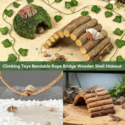 Hermit Crab Accessories, Hermit Crab Climbing Toys, Bendable Rope Bridge Wooden Shell Hideout Hut Plants for Reptile Amphibians Hermit Crab Tank Accessories Supplies