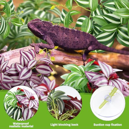 QUOZUO 2 Pack Reptile Plants, Artificial Hanging Plants with Suction Cups, Habitat Decor Plastic Vines Decorations for Bearded Dragons Lizards Snake Geckos Frogs -Purple and Green