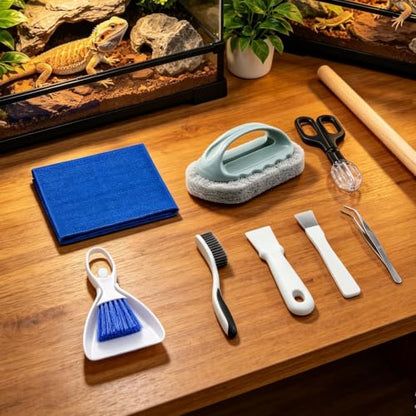 Reptile Cleaner with Cloth Tweezer Feeding Tongs Scraper | Lizard Gecko Tank Cleaning Kit for Lizard Gecko Snake Turtle Frog Home Terrarium Enclosure