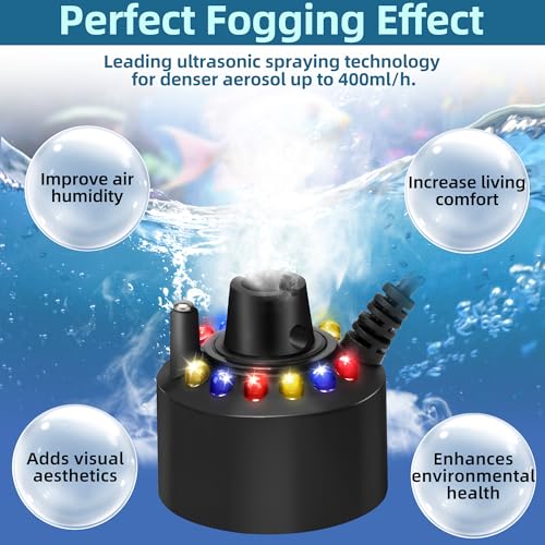 DaToo Mist Maker Mini Pond Fog Machine 12 Led Indoor Water Fountain Mister Fogger with Splashing Guard Atomizer Air Humidifier Ultrasonic Fogger for Water Feature Halloween and Other Holidays