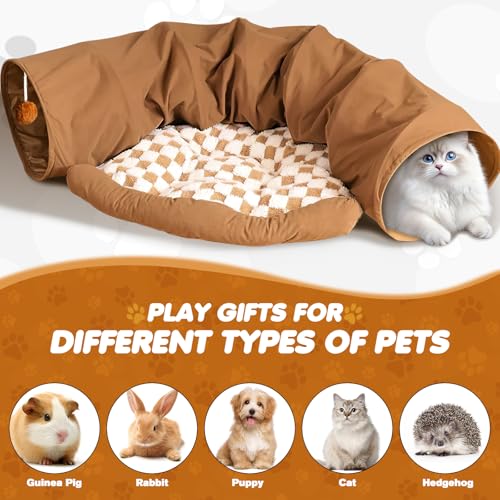 Spardar 2-in-1 Bunny Tunnel Bed, with Removable Mat Hideout, Khaki | Collapsible Tunnel Tubes Toys, Washable, Interactive Toys for Rabbits, Chinchilla, Hedgehog, Guinea, Kitty - color: Khaki