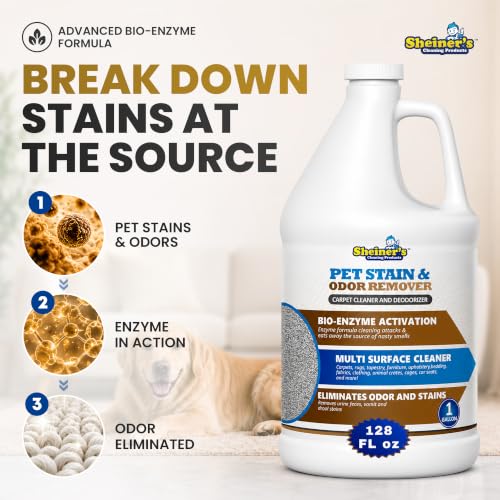 Sheiner's Pet Urine Enzyme Cleaner & Pet Stain & Odor Remover, Advanced Enzymatic Cleaner Solution for Carpets, Rugs, Upholstery & Multi-Surfaces, Safe for Pets & Kids. (128 oz) - size: 128 Fl Oz (Pack of 1)
