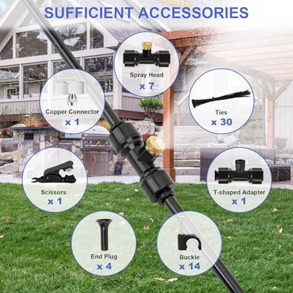 GMAULEE Misting Cooling System, DIY 33FT(10M) Misting Line +7 Brass Mist Nozzles+ a Brass Connector(3/4'') Outdoor Mister System for Patio Waterpark Garden Trampoline Greenhouse - size: 33 ft (10M)+7 Brass