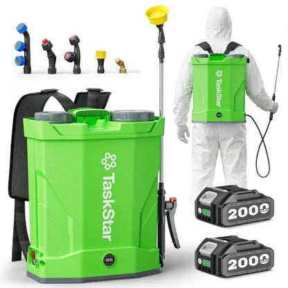 Taskstar Battery Powered Backpack Sprayer 4.2 Gallon for Lawn & Yard | 2X2000mAh Batteries, 0-100 PSI Adjustable Pressure, 32 Inch Telescopic Wand, 6 Nozzles for Garden, Farm & Tree - color: Green