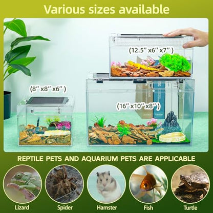 16×10×8'' Reptile Terrarium Kit with Heat Lamp & Hideout for Geckos, Snakes | Complete kit includes spray bottle, shovel, tweezers, food bowl, hideout; ideal for lizards, turtles, spiders, frogs, crabs