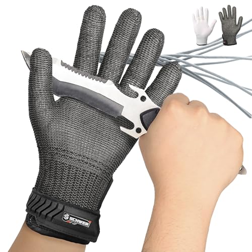Schwer Ultimate Cut Resistant Gloves Beyond ANSI A9, Reinforced Stainless Steel Glove, Food Grade Mesh Metal Gloves for Butcher Meat Cutting, Oyster Shucking, Mandoline, PR1708 (L, 1 PCS) - size: Large (Pack of 1), style: 4.0 Reinforced Steel