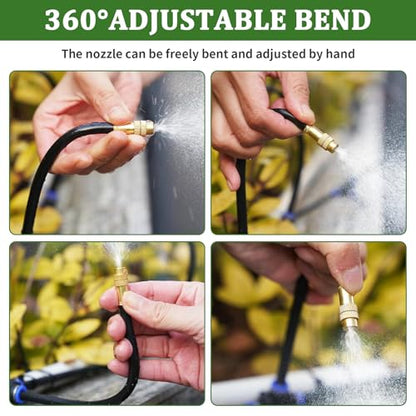 100Ft 1/4” Drip Irrigation System – Drip Irrigation Kit & Garden Watering Kit with 16 Pcs 360° Adjustable Copper Nozzles, Automatic Mist Spray for Raised Bed, Lawn, Garden & Potted Plants