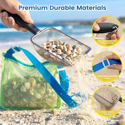 3 otters 2 Pack Beach Mesh Shovel with Mesh Beach Bag for Shell Collecting, Sand Sifters Shell Collect Bag for Kids, Great Shelling Tools