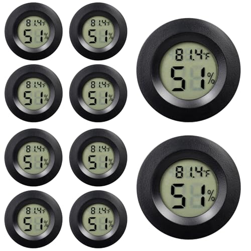 10 Pack Mini Hygrometer Thermometer - Digital Hygrometer Gauge LCD Monitor Temperature Humidity Meter Indoor Room Round Humidity Temperature Gauge for Greenhouse Home Kitchen - color: Black