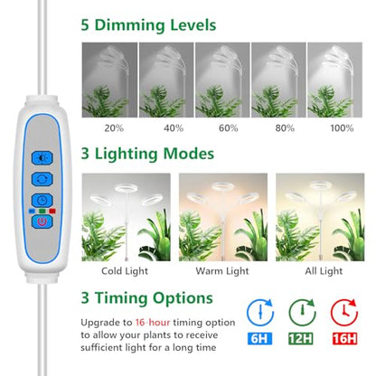 Aumtrly 3 Head Grow Light Full Spectrum LED for Tall Indoor Plants Growing | 68" Adjustable Floor Stand, 6/12/16H Timer, 5 Dimming Levels, Large White Halo Lamp Design, Flexible Gooseneck, Metal Base - size: 3 head 68inch/white