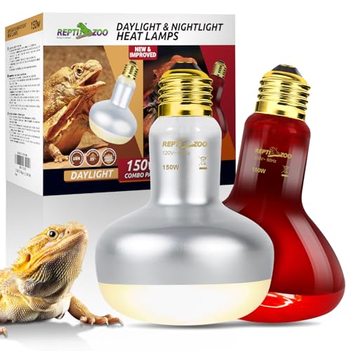 REPTI ZOO 150W Reptile Heat Lamp Bulb Combo – Day & Night Basking Light Set, 2 Pack Frosted UVA Spot Bulb + Infrared Heat Lamp, No-Disturb Nighttime Warmth for Bearded Dragon, Tortoise, Snake, Lizard