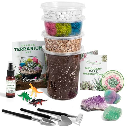 Creations by Nathalie – DIY Large Terrarium Starter Kit with Soil, Moss, Pebbles, Healing Crystal, Tools & Supplies – Terrarium Kit for Adults & Teens, Handcrafted in USA | DIY large terrarium starter kit with premium moss, tools, and essential supplies t
