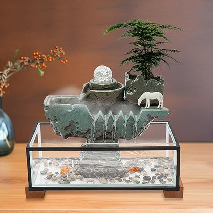 Desktop Water Fountains, Waterfall Fish Tank Indoor Water Fountain Tabletop with Pump & Atomizer, Rockery and Aquariums Water Fall Indoor for Corridor Hall Study Dining Room Bookstore