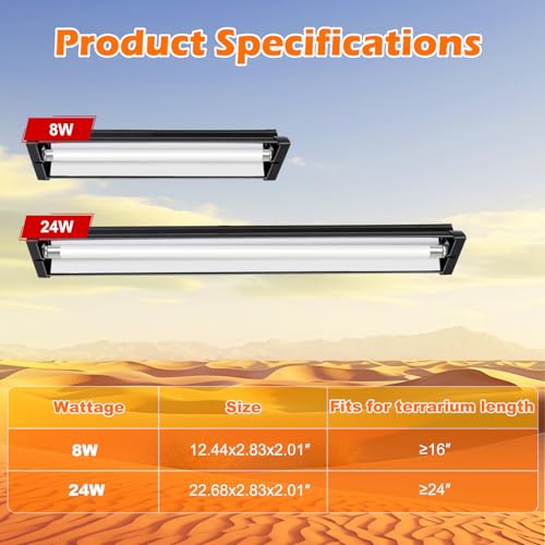 T5 UVB Reptile Light Fixture Combo Kit 24W 10.0 – Complete HO UVB Light for Reptiles with 22.68" Terrarium Hood, Desert UVB Bulb for Bearded Dragon Gecko Tortoise Lizard – Easy to Install and Use - size: 10.0-22.68 in
