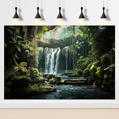 Waterfall Aquarium Background Nature Tropical Plants Tranquil Stream Fish Tank Background Rainforest Lush Green Trees Plants Stone Bridge Reptile Tank Enclosure Backgrounds Wallpaper 24x12in - color: Foggy Green, size: 24(W)x12(H)inches/ 60(W)*30cm(H)