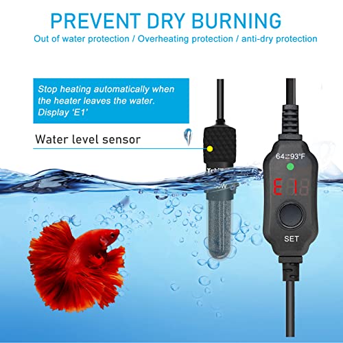 YukiHalu Small Submersible Aquarium Heater, Adjustable Mini Fish Tank Heater 25W 50W 100W 200W 300W with External Temperature Controller, LED Display, Used for 5/10/20/40/60 Gallons (50 Watts) - size: 50 Watts