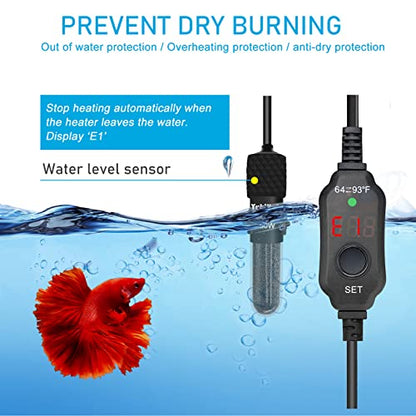 YukiHalu Submersible Aquarium Heater 100W 150W 200W, Adjustable Mini Fish Tank Heater, Small Size, Overheating Protection, External Controller, Used for 0.5-40 Gallons(100W) - size: 100 Watts