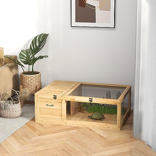 PawHut Wooden Tortoise House Indoor Turtle Habitat Enclosure Outdoor Reptile Cage for Lizards, Geckos, Yellow | Outdoor Reptile Cage, for Lizards, Geckos