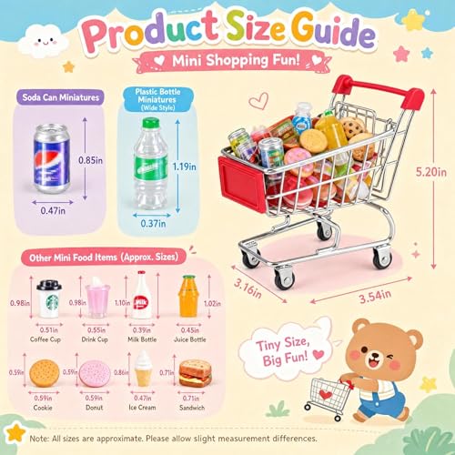 134pcs Mini Shopping Cart Basket Miniature Food Drink Bottle Supermarket Metal Handcart Toys Doll House Store Cosplay Game Dollhouse Grocery Fruit Cake Bread Party Trolley Model Dollar Bills - style: Shopping Cart
