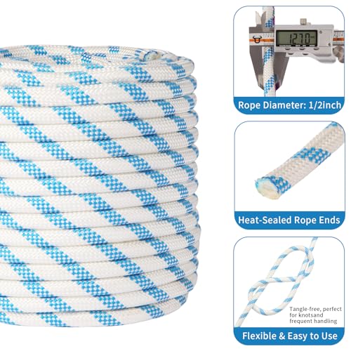 Double Braid Arborist Rope, 1/2 Inch x 100 ft, 9000 LBS Breaking Strength Heavy Duty Tree Climbing Rope, Outdoor Swing Rope for Trees, Climbing, Sailing & General Use - size: 1/2inch*100ft, style: White