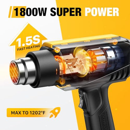 SEEKONE 1800W Compact Heat Gun 122℉-1202℉ Variable Temp for Crafting | Fast Heating 122℉-1202℉, 2-Speed Airflow, 20% Smaller Compact Design, Overheat Protection for Vinyl Wrap, Shrink Tubing
