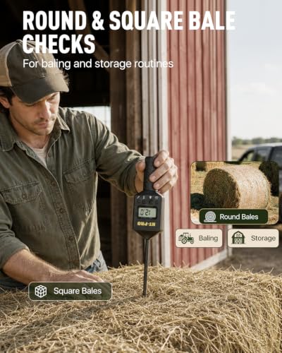 Hay Moisture Tester with 20" Probe, Moisture & Temperature Meter for Round and Square Hay Bales, Fast Backlit Readings, Calibration Clip Included, Black - color: Black