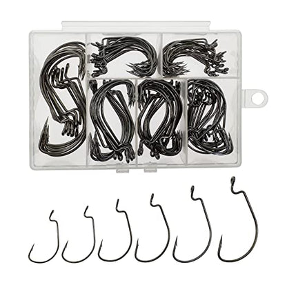 Afmivs Worm Hooks for Bass Fishing Hooks, 110pcs Bass Hooks Fishing, 6 Sizes Fishing Hooks Freshwater, Eagle Claw Hooks #1 1/0 2/0 3/0 4/0 5/0 Black High Carbon Steel with Portable Plastic Box