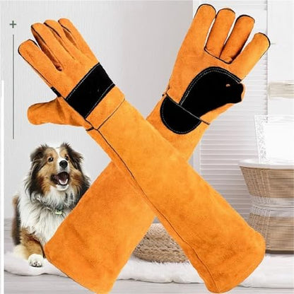Long Leather Animal Handling Gloves for Dogs, Cats and Reptiles, Protective Bite Resistant Gloves - color: Green
