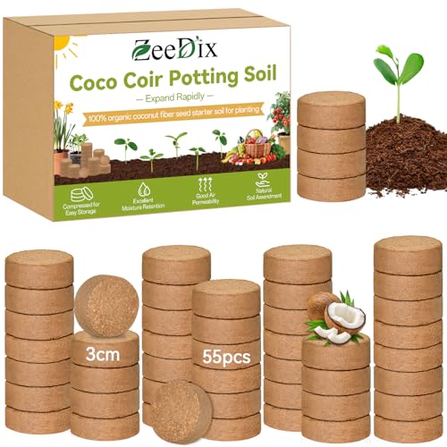 55 Pack 30mm Organic Coco Coir Pellets Seed Starter Soil | Low EC, pH Balance, Potting Soil Mix, Seed Starting, Indoor Outdoor Plants, Herbs Houseplants Bonsai Vegetables Flowers - size: 30mm-55pack