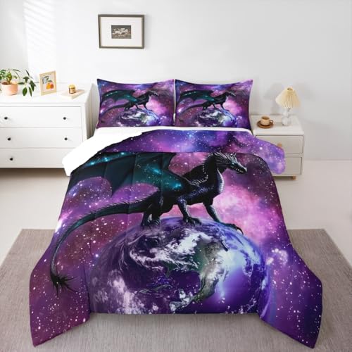 Erosebridal Dragon Bedding Set Purple Nebula Comforter Set Queen Size Mysterious Outer Space Duvet Set Trippy Bedding Set for Kids Boys Girls Teens Room Decor, Safari Wildlife Animals Quilt Set - color: Multi 61, size: Queen