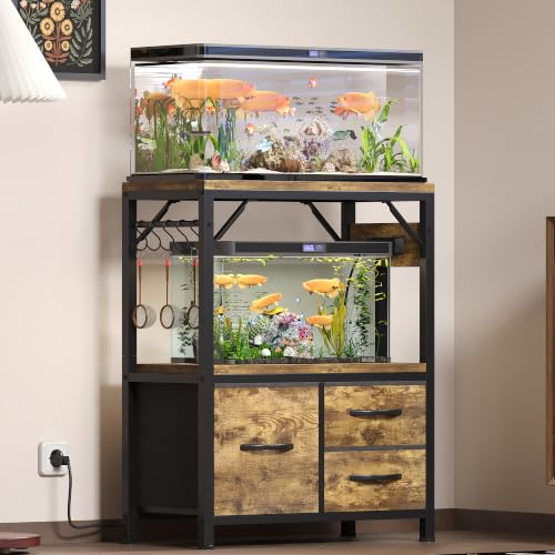 Heybly 5-10Gal Fish Tank Stand with Drawer, Power Outlet,200lbs HAS002SSR-1 | Aquarium Stand,Heavy Duty Metal Frame for Fish Tank, Turtle & Reptile Terrarium, 20.5" × 10.2" Top, Rustic Brown - color: Rustic Brown, size: 5-10 gal
