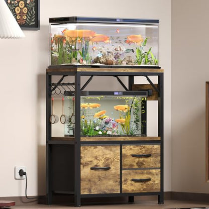 Heybly 5-10Gal Fish Tank Stand with Drawer, Power Outlet,200lbs HAS002SSR-1 | Aquarium Stand,Heavy Duty Metal Frame for Fish Tank, Turtle & Reptile Terrarium, 20.5" × 10.2" Top, Rustic Brown - color: Rustic Brown, size: 5-10 gal
