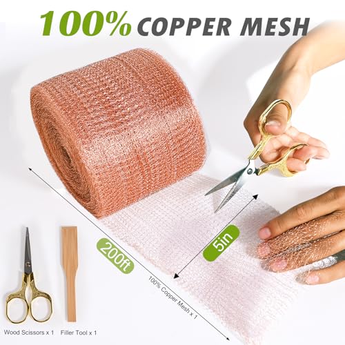 5" x 200 ft Copper Mesh Rodent Control Copper Wool for Slug Mice Snail Pest | Copper Mesh for Mice Pest Snail Bat Control Copper Steel Wool for Weep Hole Covers Blocks Gap Rodent Mesh Scissors Included - size: 5 inx200 ft