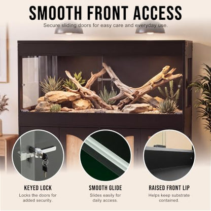 120 Gallon Reptile Terrarium Tank and Storage Cabinet, Black Finish | 4x2x2 Reptile terrarium with stand, glass doors, locking mesh top, acrylic side panels, built-in power, storage cabinet - color: Black