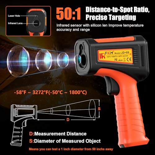 -58°F ~3272°F FKM Infrared Thermometer High Temperature Gun 50:1 Ratio | Digital IR Temp Gun,High Precision-Laser Thermometer Gun for Cooking,Kilns,Forges,Engine,HVAC,Industrial and Home Repair - color: Orange