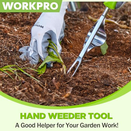WORKPRO Weed Puller Tool, Metal Leverage Base and V-Shaped Forks | Heavy Duty Stainless Steel with Soft Handle for Easy Weed Removal and Deeper Root Digging, Manual Hand Weeder for Gardening