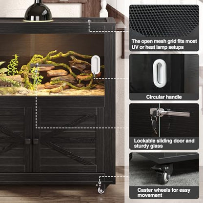 Reptile Terrarium with Stand, 40 Gallon Reptile Tank with Large Storage Cabinet and Ventilated Metal Mesh Top, Black - color: Black