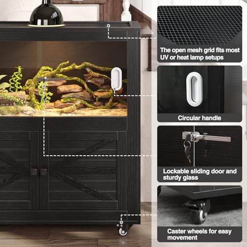 Reptile Terrarium with Stand, 40 Gallon Reptile Tank with Large Storage Cabinet and Ventilated Metal Mesh Top, Black - color: Black