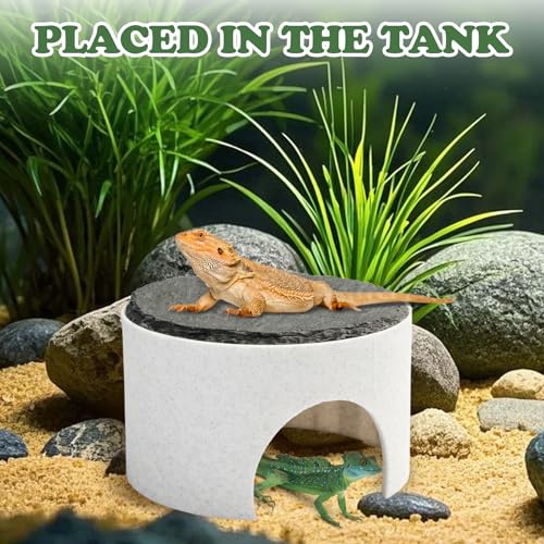 3 in 1 Reptile Basking Platform for Bearded Dragon, Leopard Gecko | Round Reptile Hides and Caves, with Heat Absorbing Slate Rock, 3.5×3.5×2.2 Inch