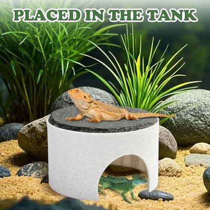 3 in 1 Reptile Basking Platform for Bearded Dragon, Leopard Gecko | Round Reptile Hides and Caves, with Heat Absorbing Slate Rock, 3.5×3.5×2.2 Inch