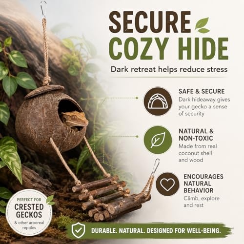 Hanging Coconut Hide for Crested Hide Hut with Climbing Ladder, Natural Shell Cave Hideout for Leopard Reptiles