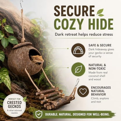 Hanging Coconut Hide for Crested Hide Hut with Climbing Ladder, Natural Shell Cave Hideout for Leopard Reptiles